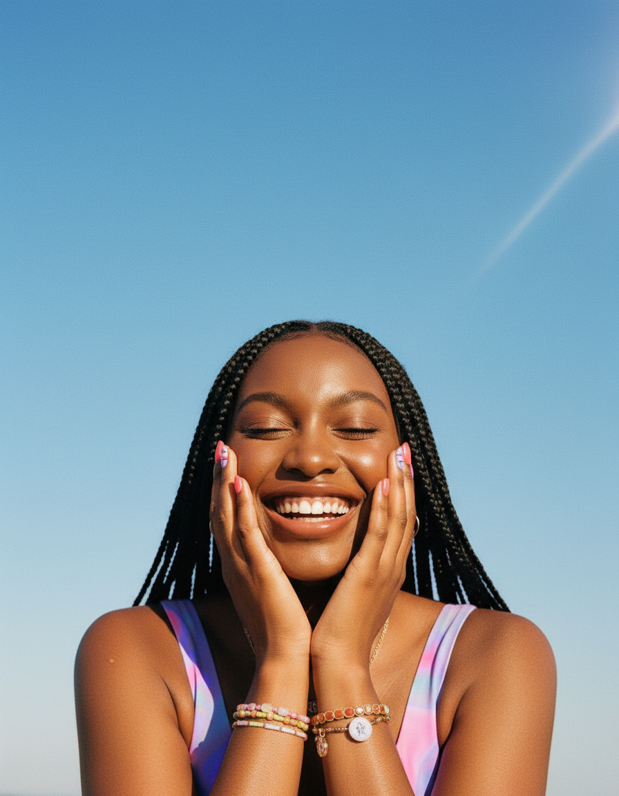 Smiling woman showing her colourful manicure